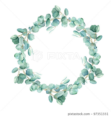 Watercolor eucalyptus round frame isolated on white background. Hand drawn botanical illustration. Ideal for stationery, wedding invitations, save the date, greeting card, logos, stickers. 97351331