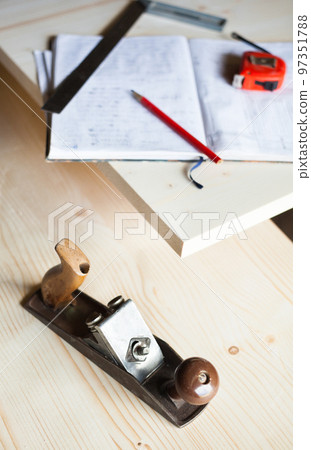 Joiner's (carpenter's) tools and notebook. Joiner's (carpenter's) tools and notebook. 97351788