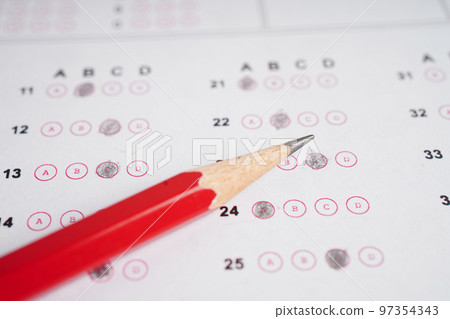 Answer sheets with pencil drawing fill to select choice, education concept. Answer sheets with pencil drawing fill to select choice, education concept. 97354343