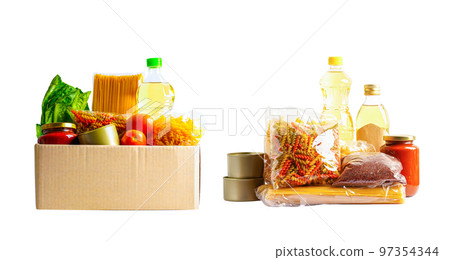 Foodstuffs in donation box isolated on white background for volunteer to help people. Foodstuffs in donation box isolated on white background for volunteer to help people. 97354344