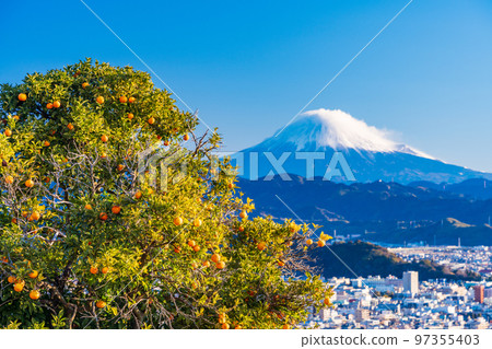 (靜岡縣)越過橘子田富士山的靜岡市街景 (靜岡縣)越過橘子田富士山的靜岡市街景 97355403