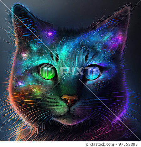 Iridescent psychedelic cat in neon colors. Spirit animal portrait. Generative AI. Not based on any actual scene Iridescent psychedelic cat in neon colors. Spirit animal portrait. Generative AI. Not based on any actual scene 97355898