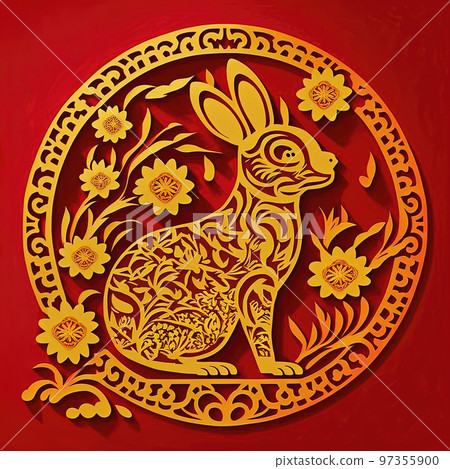 Rabbit zodiac sign symbol of Chinese New Year 2023. Paper cut yellow on red design. Generative AI. Not based on any actual scene or pattern Rabbit zodiac sign symbol of Chinese New Year 2023. Paper cut yellow on red design. Generative AI. Not based on any actual scene or pattern 97355900