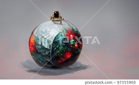 Red and green crystal Christmas bauble with copy space. Generative AI. Copy space 97355908