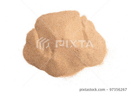 Desert sand pile, dune isolated white background. Gold White fine Sands on Beach island, destination of tropical ocean. Studio shot for detail texture, copy space top view Desert sand pile, dune isolated white background. Gold White fine Sands on Beach island, destination of tropical ocean. Studio shot for detail texture, copy space top view 97356267