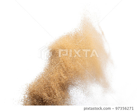 Sand flying explosion, Golden sand wave explode. Abstract sands cloud fly. Yellow colored sand splash throwing in Air. White background Isolated high speed shutter, throwing freeze stop motion Sand flying explosion, Golden sand wave explode. Abstract sands cloud fly. Yellow colored sand splash throwing in Air. White background Isolated high speed shutter, throwing freeze stop motion 97356271