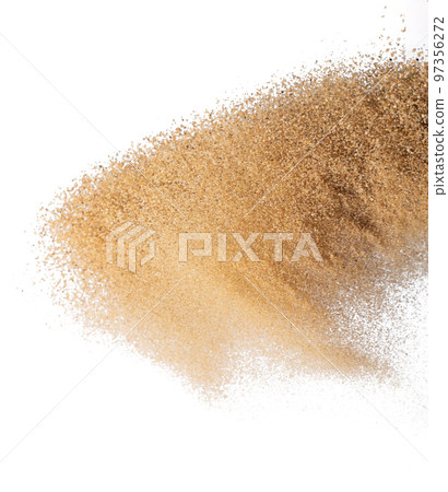 Sand flying explosion, Golden sand wave explode. Abstract sands cloud fly. Yellow colored sand splash throwing in Air. White background Isolated high speed shutter, throwing freeze stop motion Sand flying explosion, Golden sand wave explode. Abstract sands cloud fly. Yellow colored sand splash throwing in Air. White background Isolated high speed shutter, throwing freeze stop motion 97356272