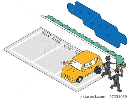 Isometric illustration of a car and a criminal whose valuables are stolen 97358089