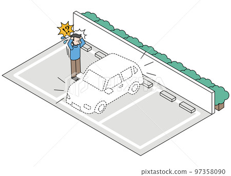 Isometric illustration of a stolen car and a surprised man 97358090