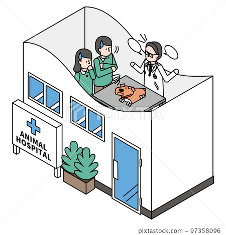 Isometric illustration of a pet dog who was injured and went to the hospital and the owner's family 97358096