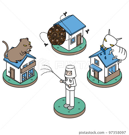 Set of isometric illustrations of pest (mouse, bee, termite) extermination 97358097