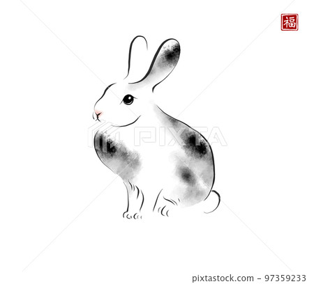 Black ink wash painting of rabbit in original oriental style on white background.Traditional oriental ink painting sumi-e, u-sin, go-hua. Translation of hieroglyph - well-being 97359233