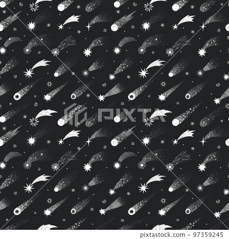 Cartoon sky background with white shooting stars on black. Seamless space pattern with comets. Can be used for wallpaper, pattern fills, textile, web page background, surface textures. 97359245