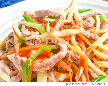 Chinese home-cooked dish, 茭白三絲 (Chinese stir-fried rice cake and colorful vegetables) 97359291