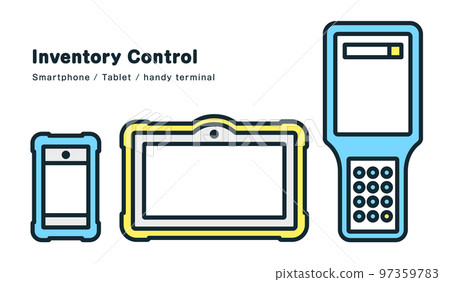 三件用於庫存管理工作的設備。智能手機、平板電腦和手持終端的插圖。 97359783