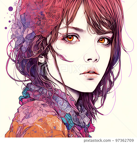 Complex and stunning colorful line drawings of Japanese kawaii fashion models "AI-generated images" 97362709