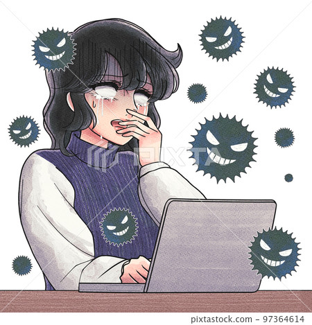 Retro girl manga style, woman crying over a computer infected with a virus Retro girl manga style, woman crying over a computer infected with a virus 97364614
