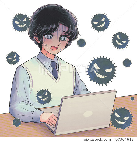 一名學生擔心計算機感染計算機病毒的插圖 一名學生擔心計算機感染計算機病毒的插圖 97364615
