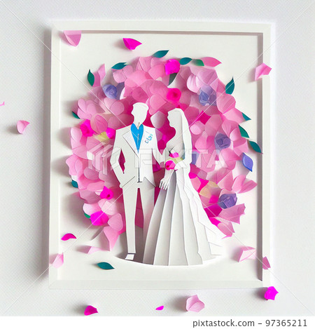 紙藝婚禮新娘和新郎插畫AI圖像 97365211