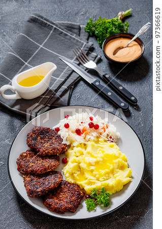 fried minced liver patties with potato mash fried minced liver patties with potato mash 97366619