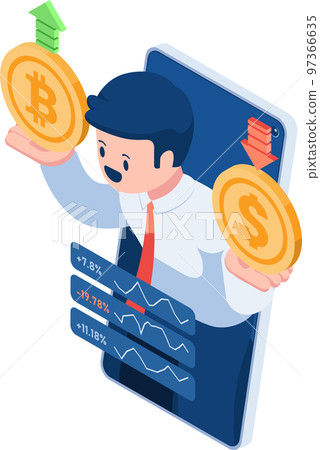Isometric Businessman or Trader Holding Bitcoin and Dollar Coin Isometric Businessman or Trader Holding Bitcoin and Dollar Coin 97366635