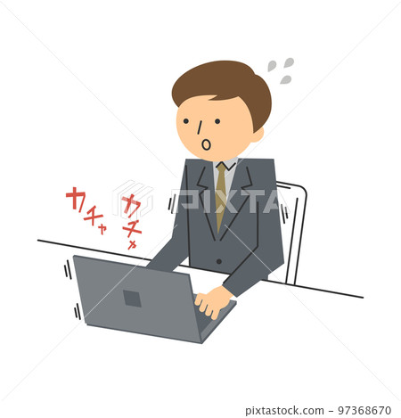 一個棕色頭髮的男人在辦公桌前不耐煩地操作電腦 97368670