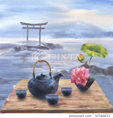 Watercolor illustration of dark blue ceramic teapot, bowls of tea, ceramic vase with blossoming lotos on wooden table, against the backdrop of a landscape with the ocean and torii gates. Watercolor illustration of dark blue ceramic teapot, bowls of tea, ceramic vase with blossoming lotos on wooden table, against the backdrop of a landscape with the ocean and torii gates. 97369013