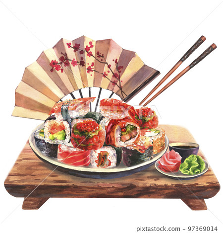 Sushi roll set with wasabi, ginger and soy sauce . Stock Photo by