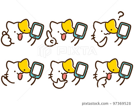用智能手機擺出各種姿勢的可愛手繪貓的字符集 97369528
