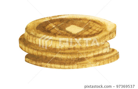 Chinese gold coins with hole. Golden money. Watercolor illustration. 97369537