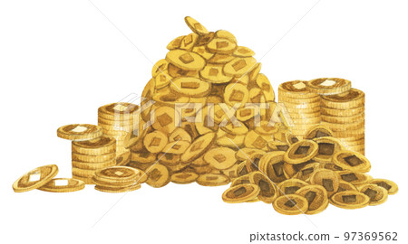 Gold coins and Chinese gold ingot. Watercolor illustration. 97369562