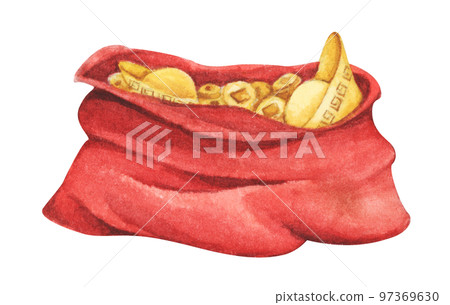 Red fortune bag full of Gold coins and Chinese gold ingot. Watercolor illustration. Red fortune bag full of Gold coins and Chinese gold ingot. Watercolor illustration. 97369630