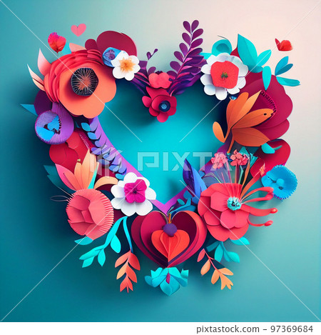 Paper craft heart wreath AI image 97369684