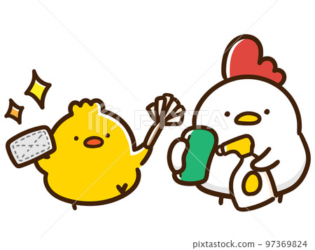 Cute handwritten style illustration of chicken chick parent and child cleaning 97369824