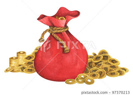 Red fortune bag full of Gold coins and Chinese gold ingot. Watercolor illustration. 97370213