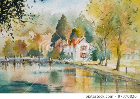 法國南部的一個小村莊，水彩畫，山水畫 97370826