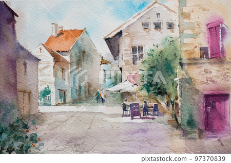 法國南部的一個小村莊，水彩山水畫 97370839