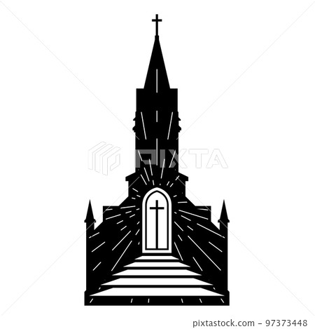 Christian catholic church building with shining entrance and stairs, prayer concept, silhouette of cathedral, vector 97373448