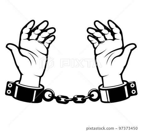Man hands with shackles on wrists, slave handcuffed, prisoner fetter, encumbrance or debt concept , vector 97373450