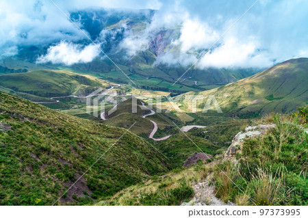 winding mountain roads in the Andes Mountains in the Los Cardones National Park winding mountain roads in the Andes Mountains in the Los Cardones National Park 97373995