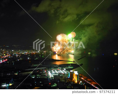Aerial view of Kagoshima City Kinkowan Fireworks Festival 97374211