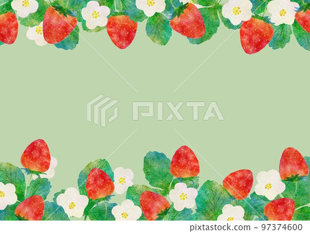 一組帶有草莓和草莓葉水彩插圖的水平框架 一組帶有草莓和草莓葉水彩插圖的水平框架 97374600