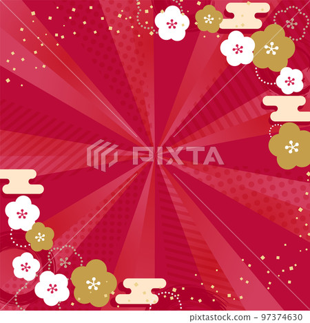 華麗的紅色徑向背景正方形，帶有祝賀的日本圖案框架和五彩紙屑 97374630