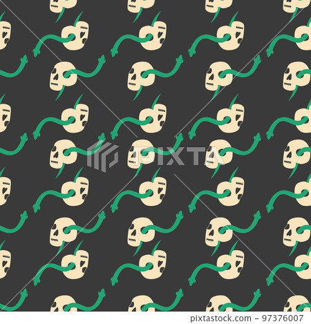 Skull, snake, goblet, magic symbols seamless pattern. Magic and death, on a dark background. 97376007