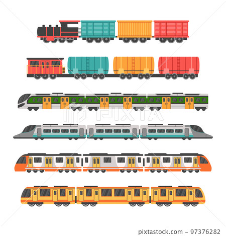 Subway trains. Speed cargo transport. Rail locomotives and wagons in railroad. Fast Europe commuter vans. Railroad or metro transportation. Railway vehicles set. Vector isolated garish illustration Subway trains. Speed cargo transport. Rail locomotives and wagons in railroad. Fast Europe commuter vans. Railroad or metro transportation. Railway vehicles set. Vector isolated garish illustration 97376282