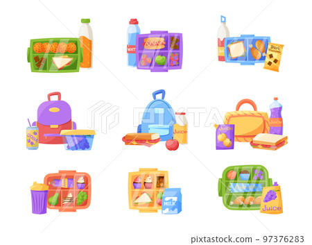 Packed lunch box. Kids school breakfast food containers with fruits and sandwiches. Water bottle. Chocolate and apples. Bread and cheese in lunchbox. Children snacks set. Vector design garish icons 97376283
