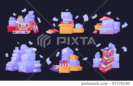 Paper stacks. Document heaps. Office paperwork. Messy accounting work. File folders piles set. Cardboard boxes with pages. Bureaucracy and job overwork. Flying sheets. Vector cartoon recent concept 97376290
