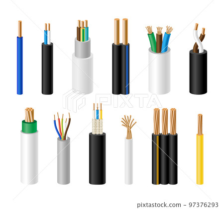Electric short wires. Circuit copper cable with rubber insulation. Industrial metal conductor fiber. Technology power voltage connection. Energy communication. Electrical supply. Vector flat utter set Electric short wires. Circuit copper cable with rubber insulation. Industrial metal conductor fiber. Technology power voltage connection. Energy communication. Electrical supply. Vector flat utter set 97376293