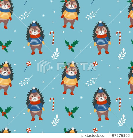 Cute hedgehog pattern, winter animal. Baby boy autumn graphic print for childish fabric, sweet woodland. Funny characters with snowflakes. Decor textile, wrapping paper. Vector seamless tidy texture 97376303