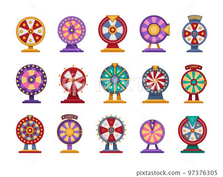 Fortune game prize set, roulette wheel flat style illustration. Circle modern target, luck spin in lottery, success win in casino. Lucky spin, casino entertainment element. Vector design tidy icons 97376305